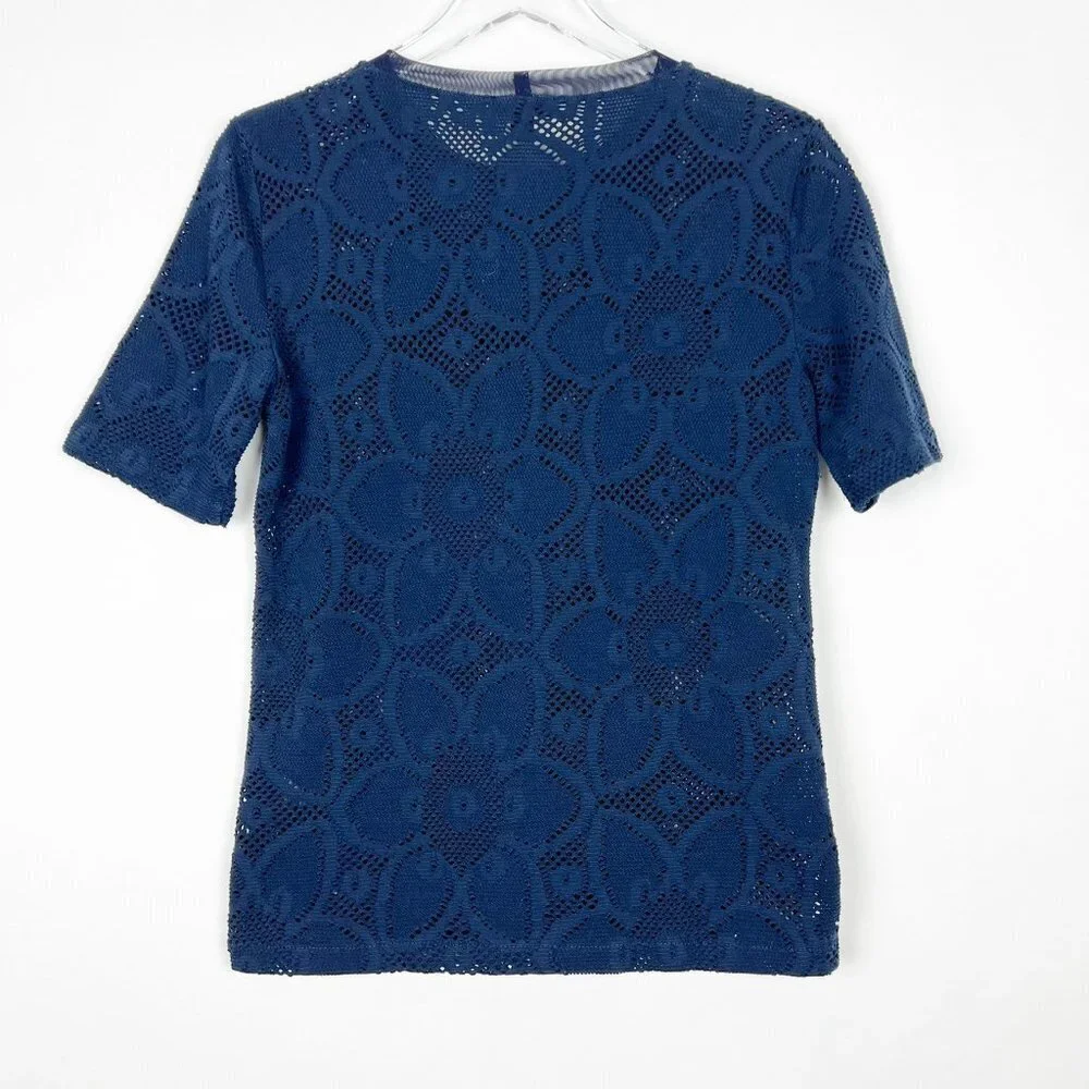 J. Crew Stretchy Floral Lace Crew Neck Short Sleeve Top. Navy Blue. Size S